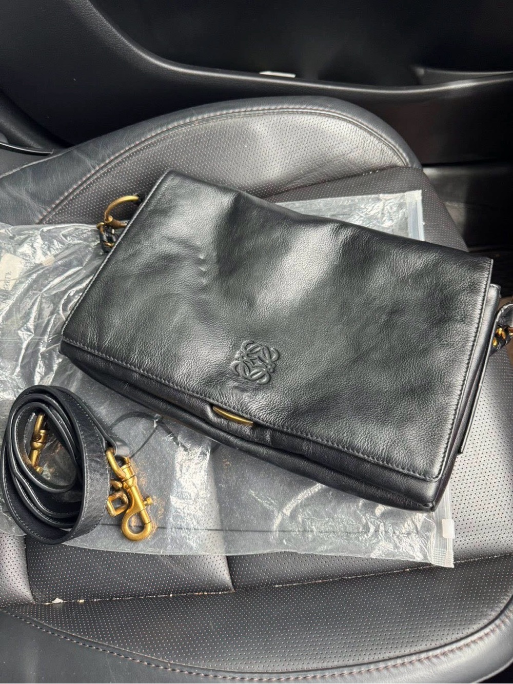 Loewe Black Leather Shoulder Bag with Gold Hardware